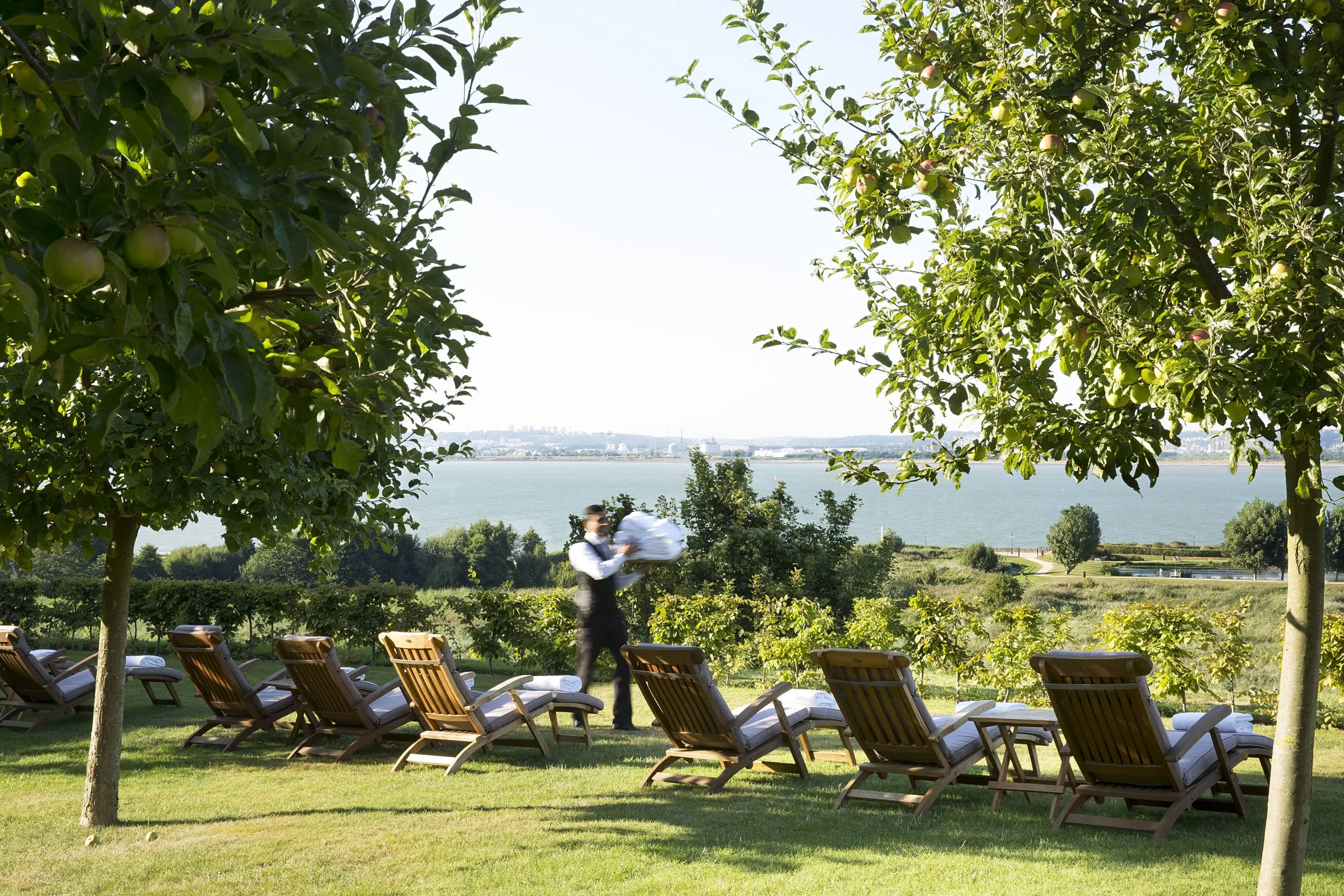 <p>un homme debout sur une chaise de jardin à côté d’une rangée de chaises</p>
