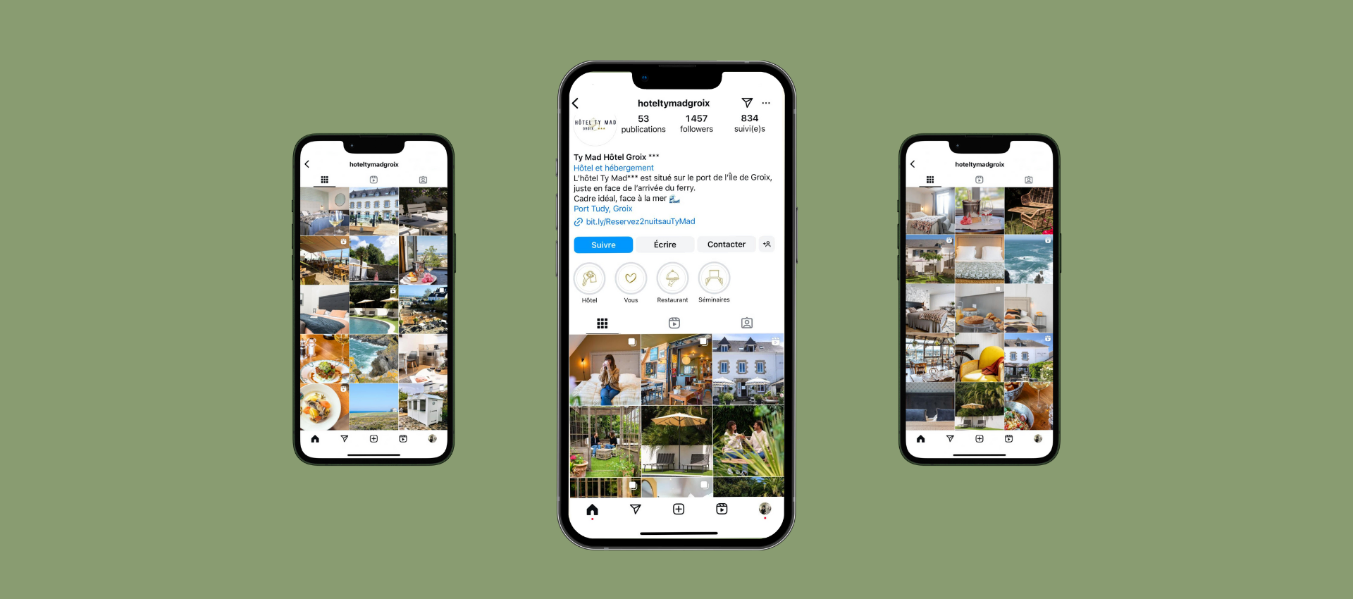 <p>smartphone avec le compte instagram de l’hôtel ty mad à groix</p>
