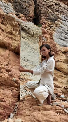 <p>femme qui porte un miroir lors d’un shooting photo</p>
